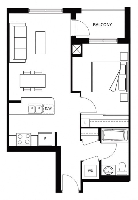 Floor plan for 1 bed, 1 bath, 590 sqft